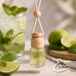 ambientador de coche de mojito con aroma fresco, cítrico y refrescante de lima y menta. formato colgante con tapón de madera. (1)