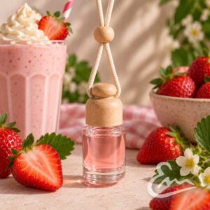 ambientador de coche de batido de fresa con aroma dulce, afrutado y cremoso. formato colgante con tapón de madera, ideal para perfumar el coche.