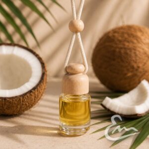 ambientador de coche de coco con aroma tropical, cremoso y dulce. formato colgante con tapón de madera, ideal para perfumar el coche.