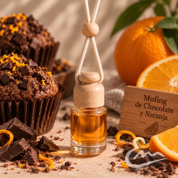 ambientador de coche de muffin de naranja y chocolate con aroma dulce, cítrico y gourmand. formato colgante con tapón de madera. ambientador de coche de muffin de naranja y chocolate con aroma dulce, cítrico y gourmand. formato colgante con tapón de madera.