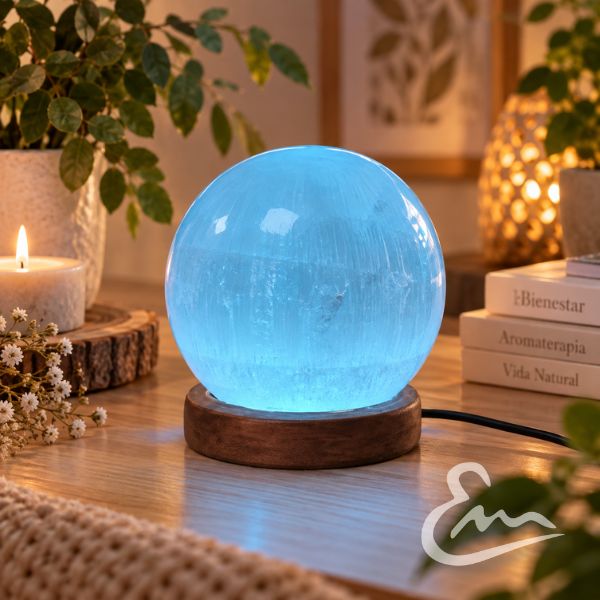 lámpara de selenita blanca con base de madera – luz led multicolor lámpara de selenita blanca con base de madera – luz led multicolor